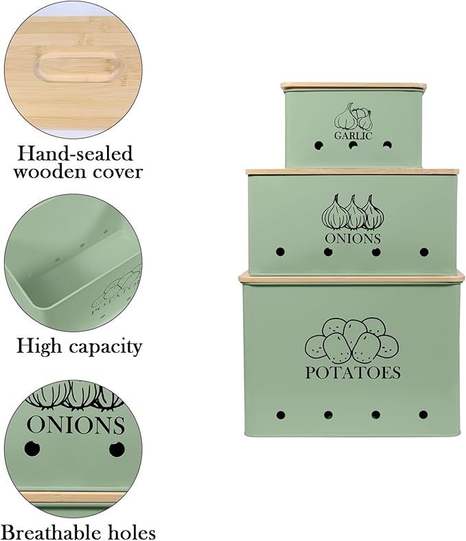 Kitchen Vegetable Storage Tins Set of 3 for Potato Onion & Garlic with Wooden Lid and Aerating Holes, Kitchen Storage Canisters Set, Vintage Kitchen Decor - Green