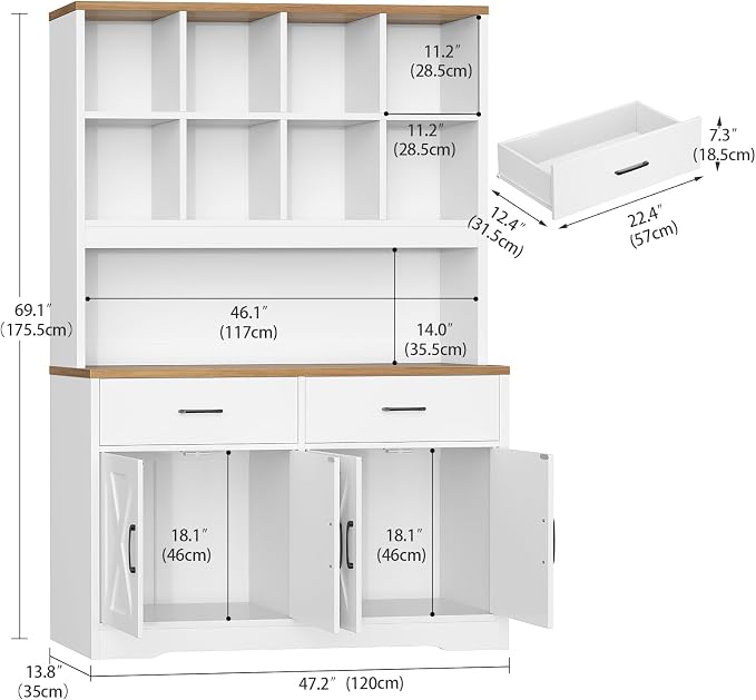 TEENFON Bookshelf and Bookcase, 5 Tier Floor Standing Bookshelves, Large Bookcases with Drawers and Storage Cabinet, 8 Open Storage Shelves and Printer Stand for Study, Living Room, Office