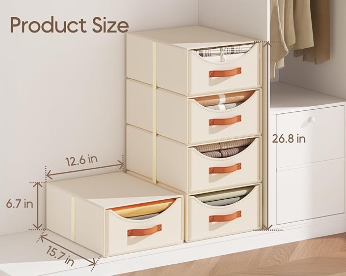 Homsorout Stackable Storage Drawers - Large Collapsible Storage Bins with Drawers, 4 Pack Closet Shelf Organizer Basket, Fabric Pull Out Organizer for Bedroom, Living Room, Dorm, Light Beige