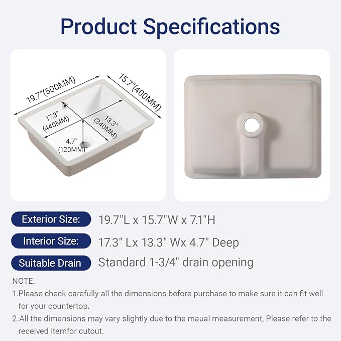 20in Undermount Bathroom Sink Rectangular, 20" x 16" Vessel Sink Rectrangle Undermount Bathroom Sink White Ceramic Lavatory Vanity Vessel Sink with Overflow
