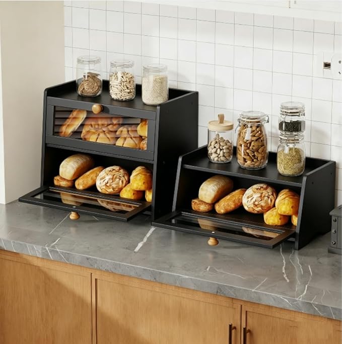 BAMBANG Bread Box for Kitchen Countertop, Extra Large Bamboo Bread Storage Container for Homemade Bread, Double Layer Breadox, Bread Bin Organizer for Counter Cabinet Pantry, Black