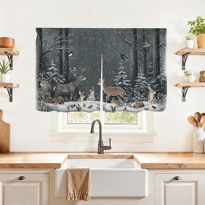 Self Adhesive Forest Animals & Deer Cabinet Curtain for Mother's Day, 39x28 Inch Dark Woodland Under Sink Skirt No Drill, Spring Cleaning Kitchen Decor, Hook and Loop Laundry Valance