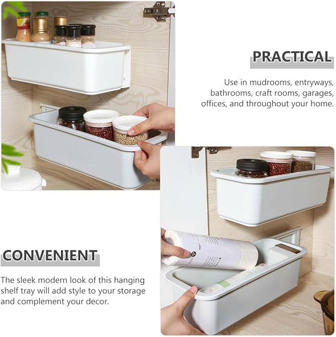 KALLORY Wall Mount Pull-out Storage Box Organizer Gray, Adhesive Cabinet Rack with No-drill Hanging Design, Kitchen and Bathroom Storage Holder for Home Organization