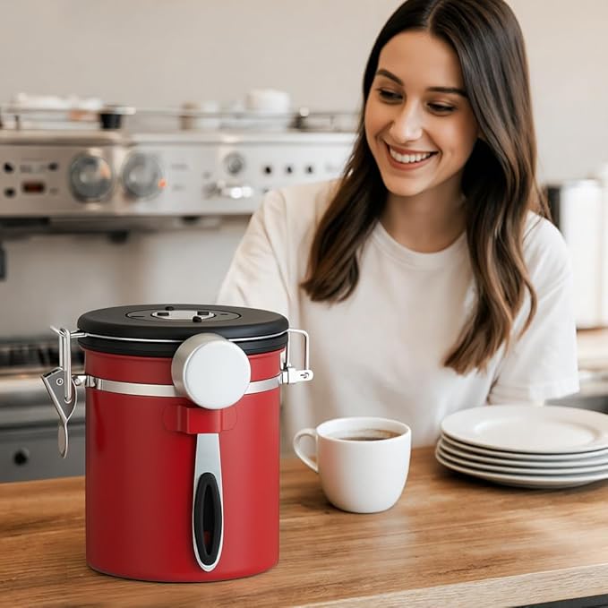 ShanSon Coffee Canister Airtight, Stainless Steel Bean Storage Container with Date Tracker & Scoop, Grounds Sugar Flour Tea Cereal Fits Kitchen Pantry, Ideal Gift for Coffee Lovers,16oz,Red