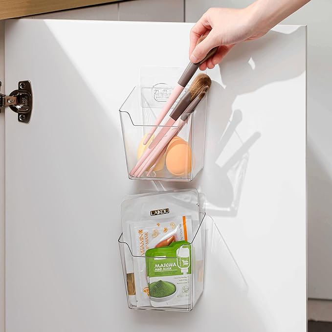 2-Pack Kitchen Cabinet Door Organizer Adhesive, Hanging Storage Bins, Stick on Wall Storage Container, Bathroom Floating Bins Wall Mounted Organizer Under Sink Caddy for Pantry Storage, Office, Dorm