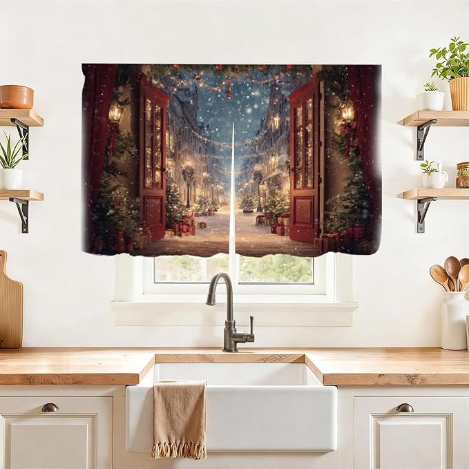 Self Adhesive Vintage Street View Cabinet Curtain for Mother's Day, 39x28 Inch Open Door Scenery Under Sink Skirt No Drill, Spring Cleaning Kitchen Decor, Hook and Loop Valance