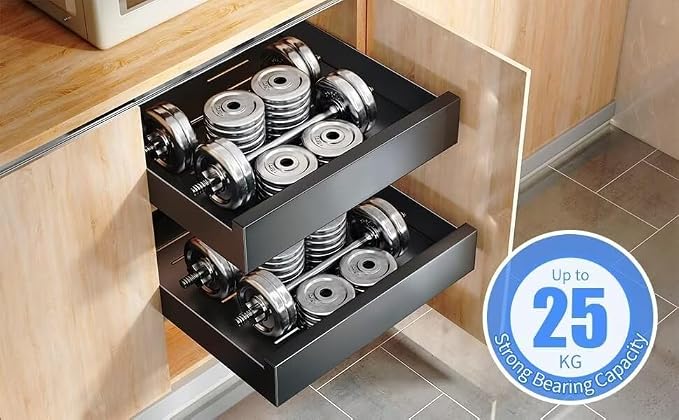 Drill Free Pull Out Cabinet Heavy Duty Sliding Drawer Shelf 25cm W x 43cm D x 9cm H Extendable Storage Solution with Adhesive Film White，White 25cm