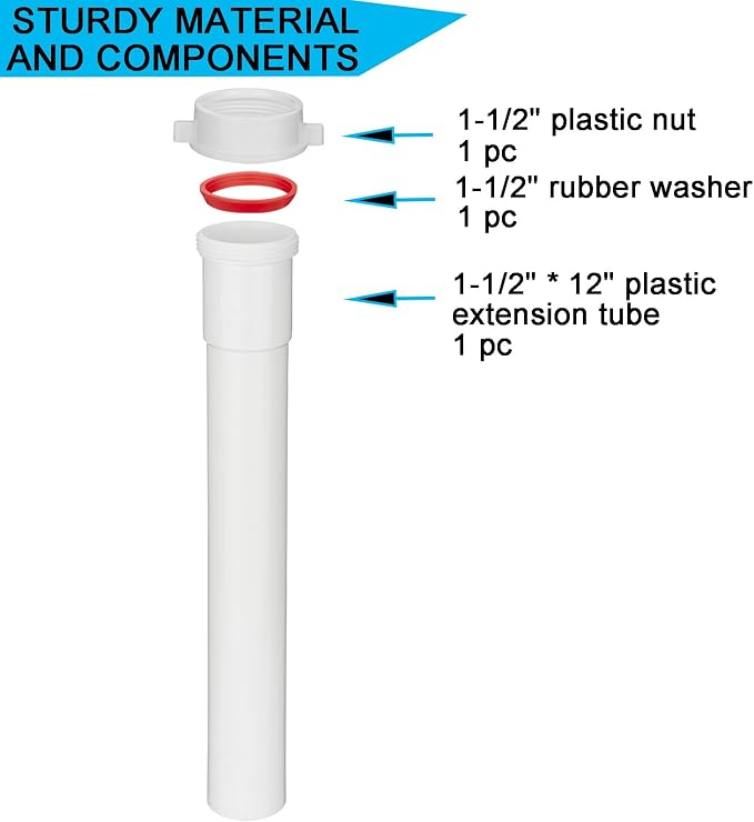 (1 Pack) Yariwiz White Sink Drain Extension Thread Pipe1 1/2 Inch x 12 inch Length for Kitchen Sink Drain Pipe Tubular KSD-005W