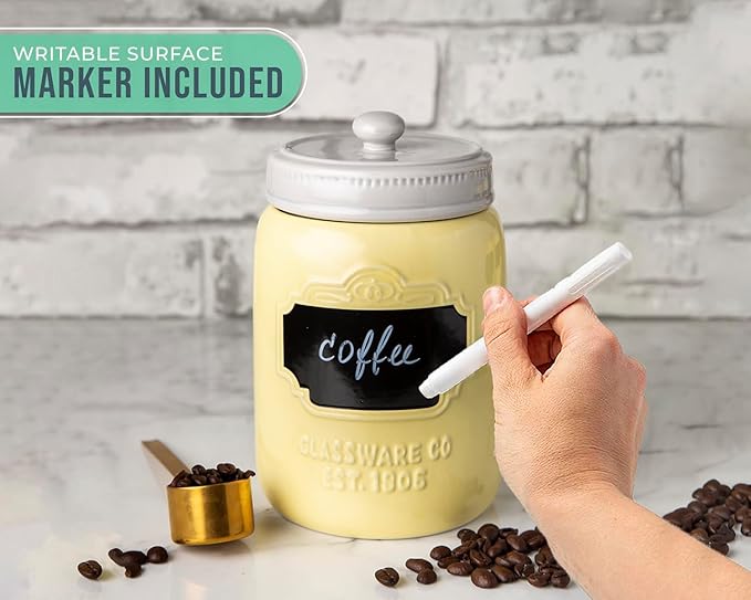 Comfify Mason Jar Ceramic Canister Set for Kitchen - Set of 3 Decorative Storage Containers with Air-Tight Lids for Coffee, Sugar - Country Style Storage w/Reusable Writable Surface - 12.85oz/Canister
