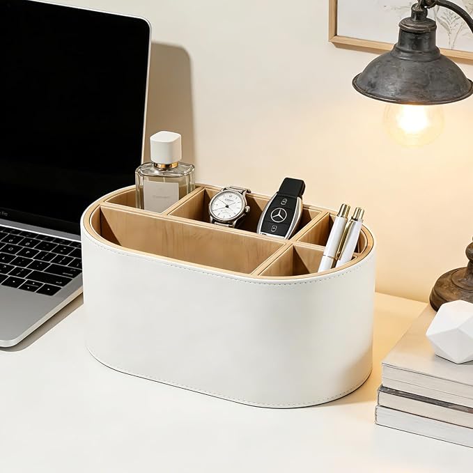 KINGFOM PU Leather Desk Organizer with Multi Compartments, Desktop Caddy Holder for Remote Controls, Pens, Makeup Brushes, Office Accessories (Beige)