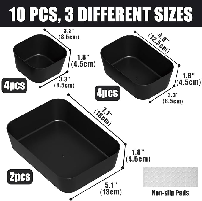 Plastic Drawer Organizers, 10 PCS Drawer Organizer Bins, Bathroom and Vanity Organizer Plastic Tray, Makeup Organizer and Storage for Makeup, Bedroom, Kitchen Gadgets Utensils and Office (Black)