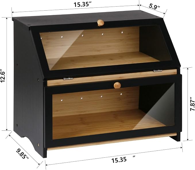 HOMEKOKO Double Layer Large Bread Box for Kitchen Counter, Wooden Large Capacity Bread Storage Bin (Black)