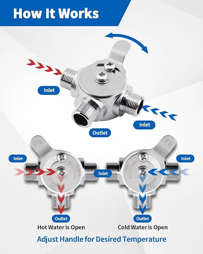 3/8" Manual Mixing Valve Hot Cold Water Temperature, Brass Water Mixing Valve with 2 Braided Faucet Connector, for Home and Bathroom Below Deck to Adjust Water Temperature