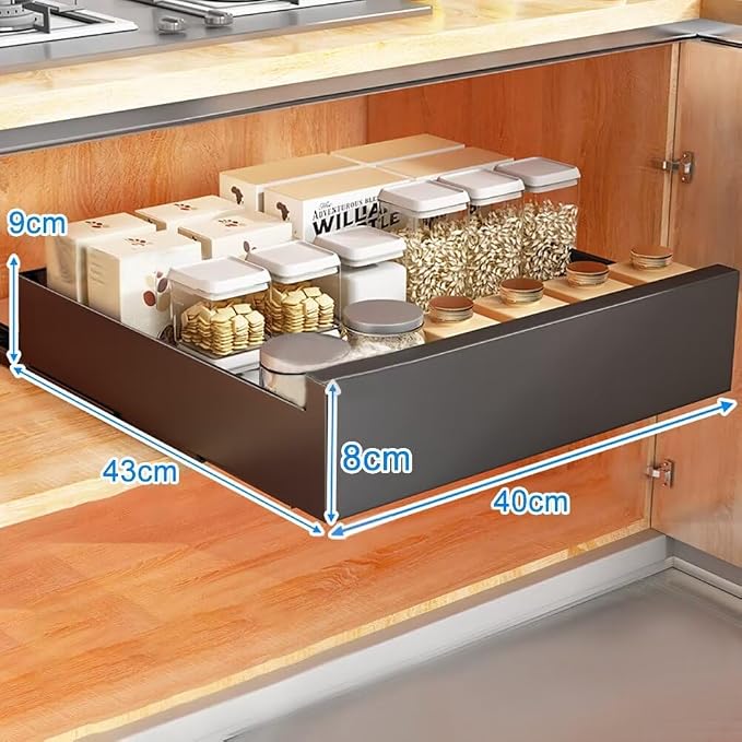 Pull Out Cabinet Adhesive Pull Out Teles Kitchen Drawer 25kg Load Capacity Slide Out Drawer for Kitchen Cupboard Storage,40CM-Black