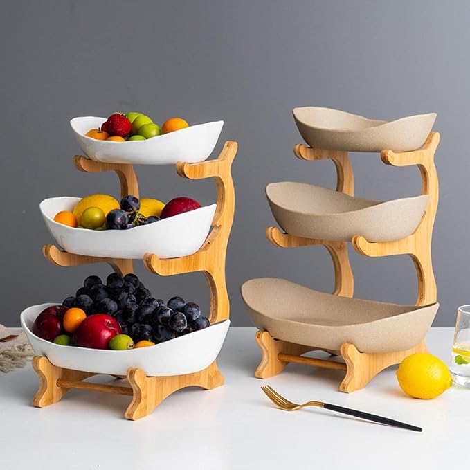 3 Tier Fruit Basket, Ceramic Fruit Bowl for Kitchen Counter, Home Fruit Bowl Set with Holder for Fruit Veggies Tray Snacks Nuts Bread Candy Storage Holder (Porcelain)