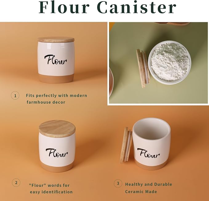LEETOYI Ceramic Food Storage Containers with Lid,Modern Farmhouse Kitchen Decor, Countertop Food Storage Caddy Organizer, 33oz (Labeled Flour)