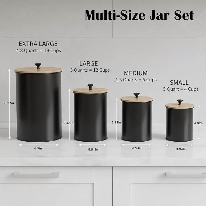 Canisters Sets for the Kitchen Set of 4 Kitchen Canisters for Countertop Airtight Black Flour and Sugar Containers with Bamboo Lids Labels and Marker for Pantry and Coffee Bar Decor