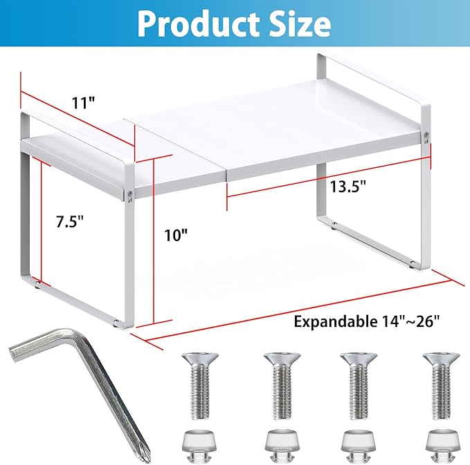 Yuleimy 11" Deep Expandable Cabinet Shelf Organizer, 14" to 26" Adjustable Metal Countertop Riser for Under Sink and Kitchen Cupboard Storage, Heavy Duty 55 Lbs Anti-Sag Central Rod, White, 1-Pack