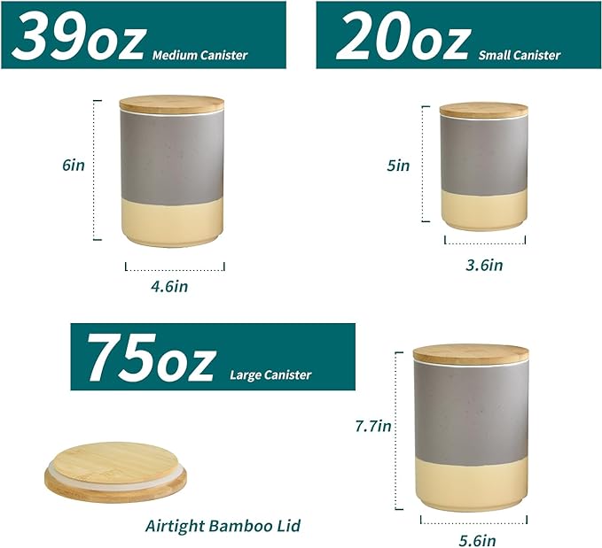 Canisters Sets for Kitchen,Set of 3 Ceramic Kitchen Canisters Food Storage Jar with Airtight Wood Lids,for Flour Cereal Sugar Tea Coffee Beans Snacks Containers(Gray)