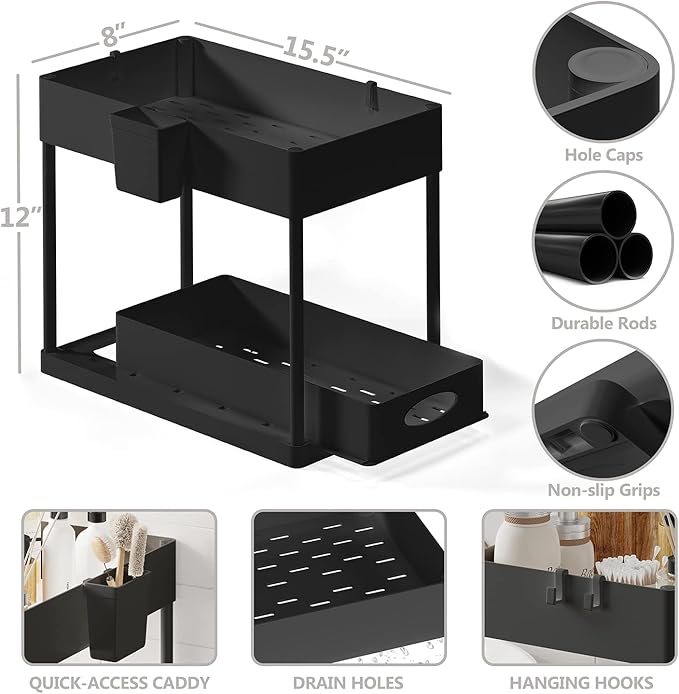 Hearth & Harbor 2-Tier Under Sink Organizer, Black, Plastic, 12" H x 8" W x 15.5" L