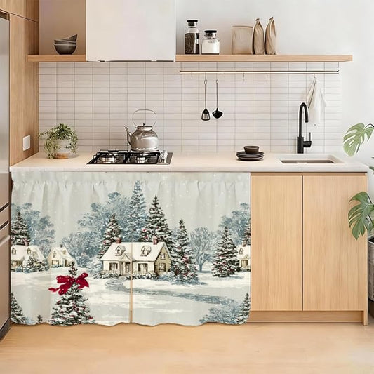 Self Adhesive Vintage Cottage & Pine Cabinet Curtain for Mother's Day, 39x28 Inch Farmhouse Manor Under Sink Skirt No Drill, Spring Cleaning Kitchen Decor, Hook and Loop Laundry Valance