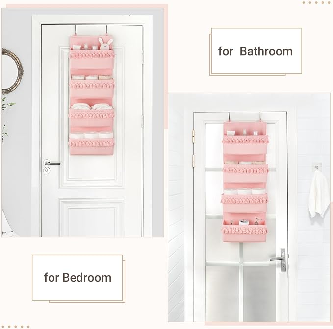 Dahey Over The Door Organizer Boho Nursery Storage Decor Closet Hanging Organizer with Tassels Decoration for Bedroom Nursery Bathroom Apartments Dorm Pantry, 4 Pockets, Pink