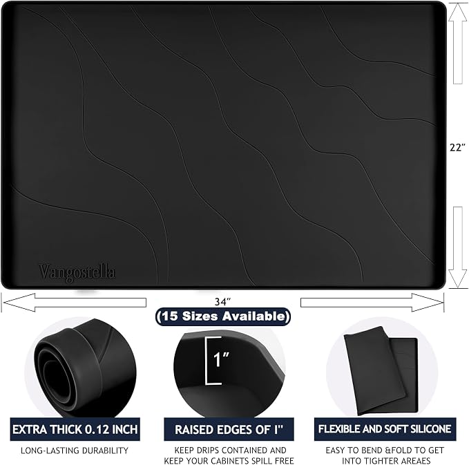 Heavy Duty Silicone Under Sink Mats for Kitchen Waterproof 31" x 22", Extra Thick Under Sink Rubber Mat Drip Tray, Raised Edge Under Sink Liner,Prevent Drips, Leaks, Spills,Black