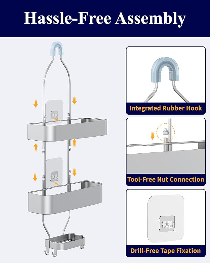 Kitsure Shower Caddy Hanging - No-Drill Bathroom Organizers and Storage, Wobble-Free Bathroom Shelves with Adhesive Tapes, Rust-Proof Shower Storage for Toiletries, Silver, 28.5" H