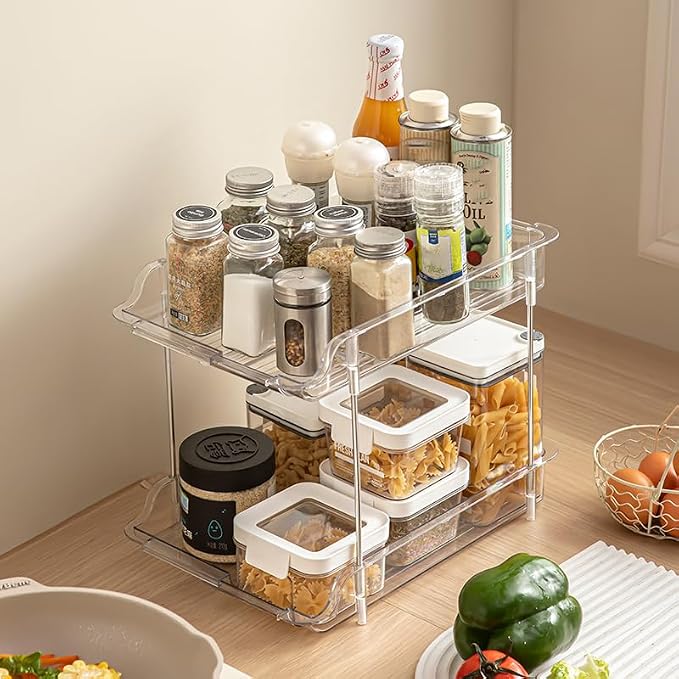 Expandable Cabinet Organizer Shelf, 2-Tier kitchen Counter Organization Shelves, Spice Rack,Clear Plastic Countertop Storage Rack for Makeup, Pantry, Cupboard, Bathroom, Desk Organization