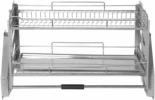 2-Tier Pull-down Storage Lift Cabinet Wall Cupboard Lifting Basket 304 Stainless Steel 22-34 Inch Width for Snacks Bowls Plate (900)