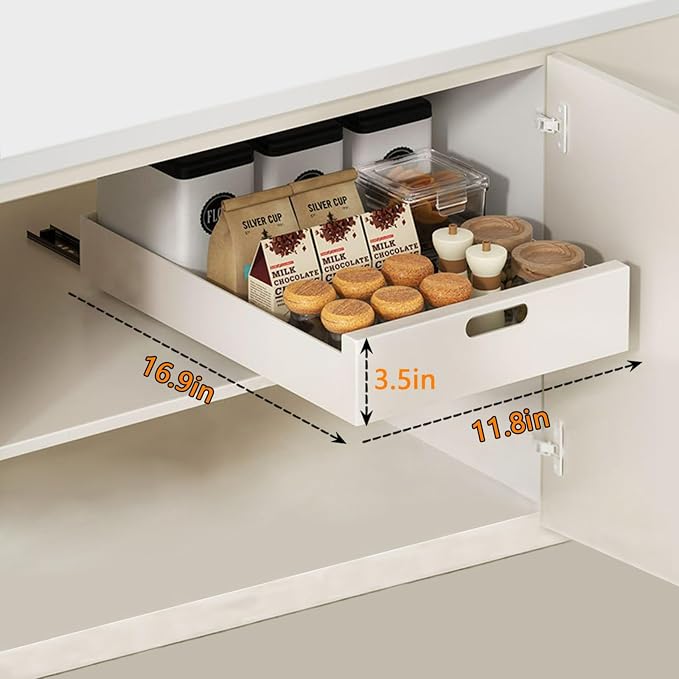 Pull Out Drawers for Cabinets 16.9"Deep, Slide Out Drawers for Kitchen Cabinets Adhesive Pull Out Cabinet Organizer, Cabinet Pull Out Shelves for Kitchen Bathroom and Pantry(White,11.8"W)