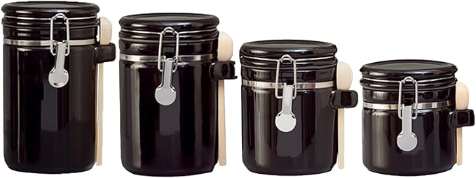 Canister Sets For The Kitchen (4 Piece Set) Black, High Gloss Ceramic By Home Basics Decorative Kitchen Set With Wooden Spoons, Countertop Set For Flour, Sugar, Coffee, and Snacks