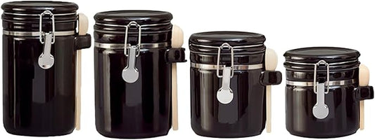 Canister Sets For The Kitchen (4 Piece Set) Black, High Gloss Ceramic By Home Basics Decorative Kitchen Set With Wooden Spoons, Countertop Set For Flour, Sugar, Coffee, and Snacks