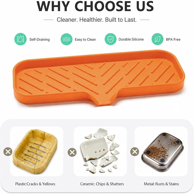 MicoYang Silicone Soap Dish with Drain Spout — Self-Draining Double Sink Organizer Tray for Kitchen & Bathroom, Dispensers, Sponges & Soap Holder, Non-Slip & Dishwasher Safe, Orange (Large, 12"×4")