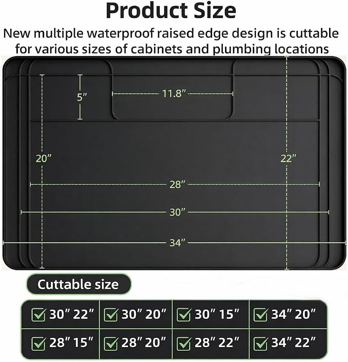 Premium Under Sink Mats for Kitchen Waterproof, 34" x 22" (Customizable to Smaller Sizes), Silicone Under Kitchen Sink Mat for Bathroom Cabinets (Black)
