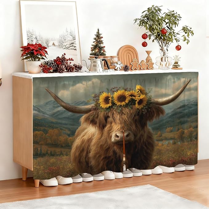 Self Adhesive Highland Cow Sunflower Cabinet Curtain for Mother's Day, 39x28 Inch Rustic Farmhouse Under Sink Skirt No Drill, Spring Cleaning Kitchen Decor, Hook and Loop Valance