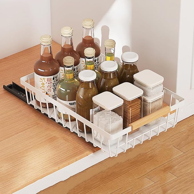 Takywep Pull Out Cabinet Organizer No Drill Adhesive Sliding Mesh Basket with Smooth Glide Under Sink Drawer for Kitchen Pantry Bathroom Storage
