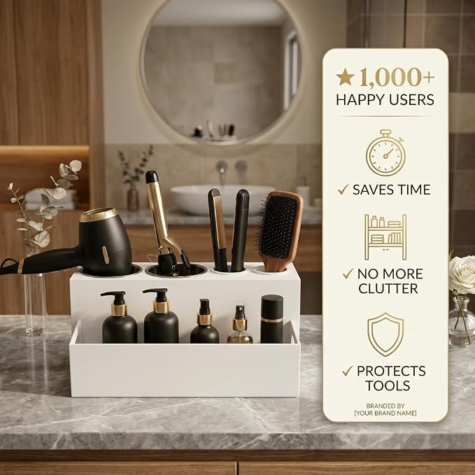 SOL ECO Hair Tool Organizer for Bathroom Countertop - Heat-Safe Stainless Steel Cups - Professional Acrylic Styling Station for Blow Dryers, Flat Irons, Curling Wands and Brushes (Acrylic)