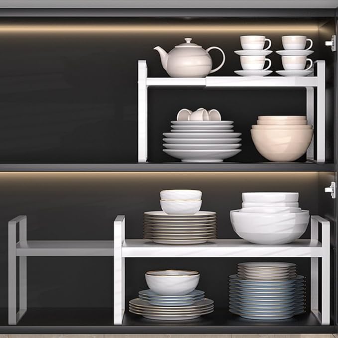 Expandable Cabinet Shelf Organizer Adjustable Storage Rack Stackable Metal Home Organization for Kitchen Pantry Spice Cupboard Under Sink Countertop - White, 1 Pack
