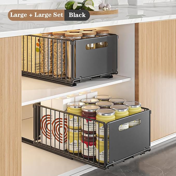 Pull Out Cabinet Organizer 2 Pack, Slide Out Drawers for Kitchen & Bathroom Cabinets, No Drilling,Peel and Stick, Heavy Duty Storage Shelves, Black (9.65" w x 14.76 d x 7.48" h)