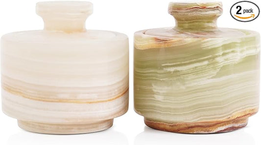 MARBLOUS KRAFTS Marble Salt Cellar with Lid White Onyx and Green Onyx 3" Stone Spice Jar, Perfect for Kitchen Counters, Ideal for Storing Salt, Sugar, and Pepper Bowls, Gift for Mom