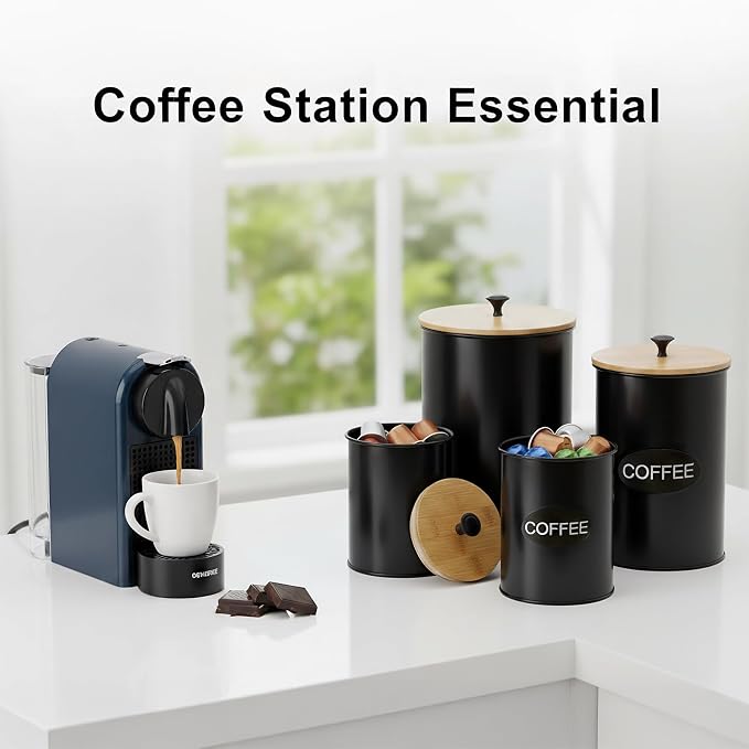Canisters Sets for the Kitchen Set of 4 Kitchen Canisters for Countertop Airtight Black Flour and Sugar Containers with Bamboo Lids Labels and Marker for Pantry and Coffee Bar Decor