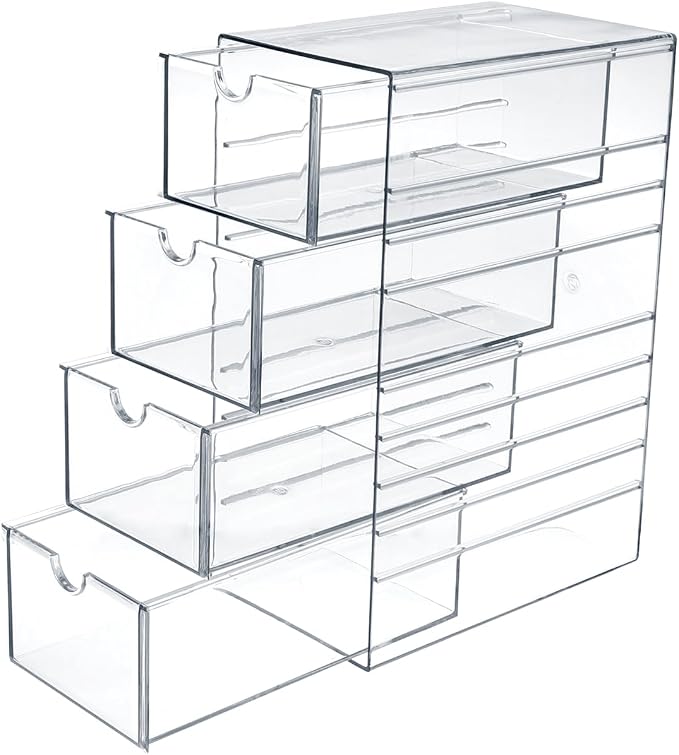 Hipiwe Plastic Drawer Organizer Clear Hair Accessories Organizer Box with 4 Pull Out Drawer Compact Storage Box for Cabinet Vanity Bathroom Pantry Office or Closet Organization