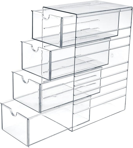 Hipiwe Plastic Drawer Organizer Clear Hair Accessories Organizer Box with 4 Pull Out Drawer Compact Storage Box for Cabinet Vanity Bathroom Pantry Office or Closet Organization