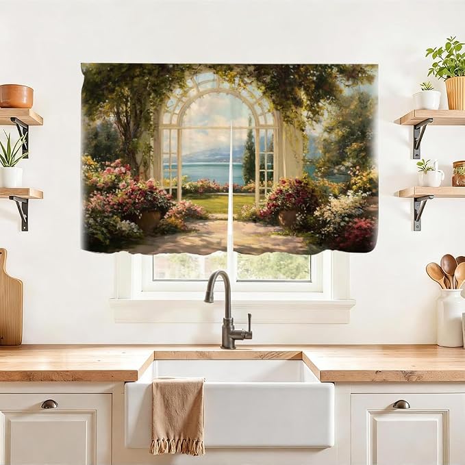 Self Adhesive Secret Garden Cabinet Curtain for Mother's Day, 39x28 Inch Lake Scenery Under Sink Skirt No Drill, Spring Cleaning Kitchen Decor, Hook and Loop Laundry Valance