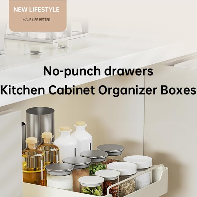 Kitchen Cabinet Organizer Pull Out Drawer Extendable Sliding Cupboard Shelf 20cm W x 43cm D x 7cm H White No Drill Installation