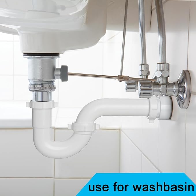 (1 Pack) Yariwiz White P Trap 1 1/2 Inch for Bathroom Kitchen Sink Drain Pipe Tubular Kit with White Threaded Adapter and Blue TPE Washer KSD-001W