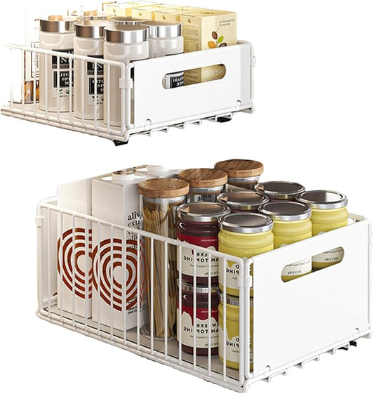 Pull Out Cabinet Organizers Large Capacity with Nano Adhesive Tallened Guardrail Anti Fall Design for Bathroom & Kitchen Cabinets Pantries (White, S-1Pcs +L-1Pcs)