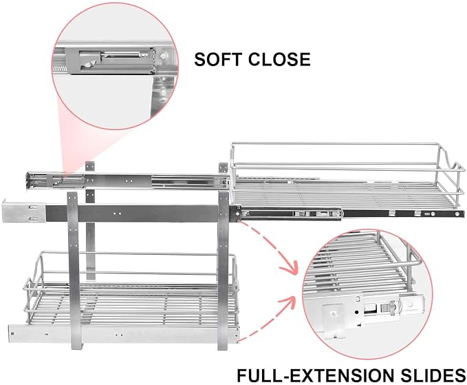 2 Tier Pull Out Cabinet Organizer,(8½"W x 22" D) Soft Close Slide Out Drawer For Kitchen Base Cabinet, Individual Pull Out Shelf, Roll Out Pantry Organization, 22 Inch Deep