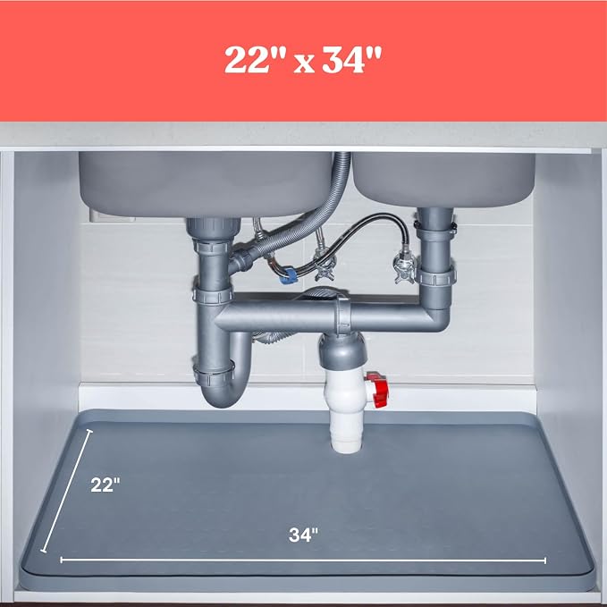 3 in 1 SET: Under Sink Mat with Cutout for Pipes - Cut to Size Under Sink Mat 34x22'' - Cut to Fit Sink Mats - Waterproof Under Kitchen Sink Mats and Protectors - Under Sink Silicone Mat